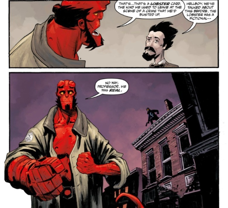 Hellboy e Professor Broom falando sobre lagosta Johnson