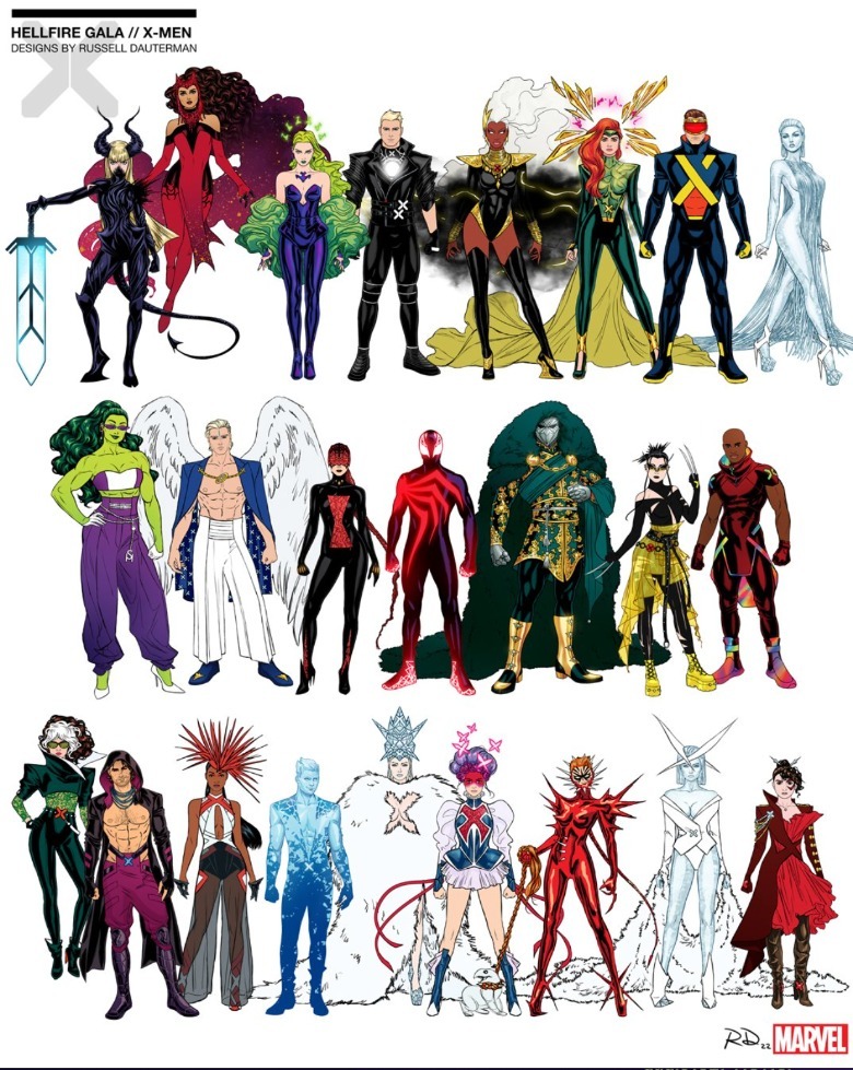 X-Men Hellfire Gala 2021 Rogue Gambit Anjo Feiticeira Escarlate Ciclope Emma Forst Homem-Aranha Doutor Destino Homem de Gelo