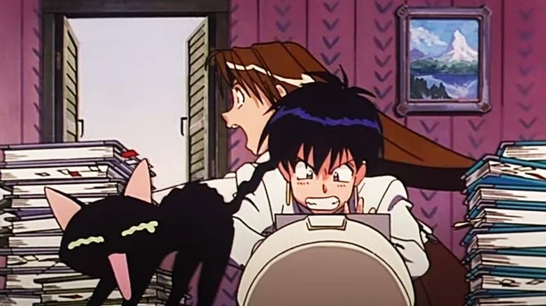 Trigun Meryl working at typewrite while Milly runs in the background