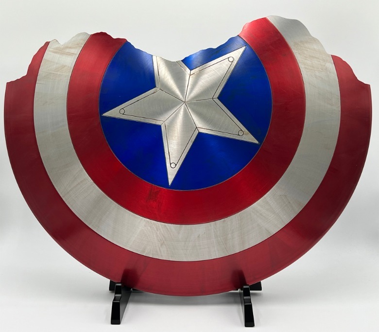 The front of the battle-damaged Captain America shield from Avengers: Endgame