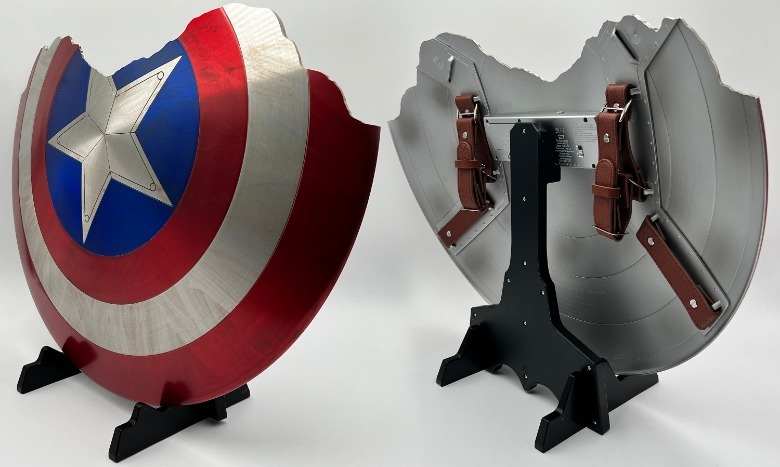 Front and back of the battle damaged Captain America shield from Avengers: Endgame