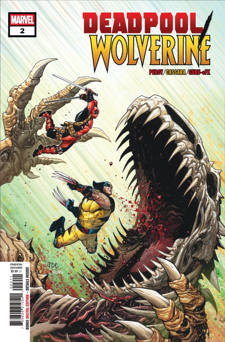 Deadpool dan Wolverine Fighting Dinosaur Monster