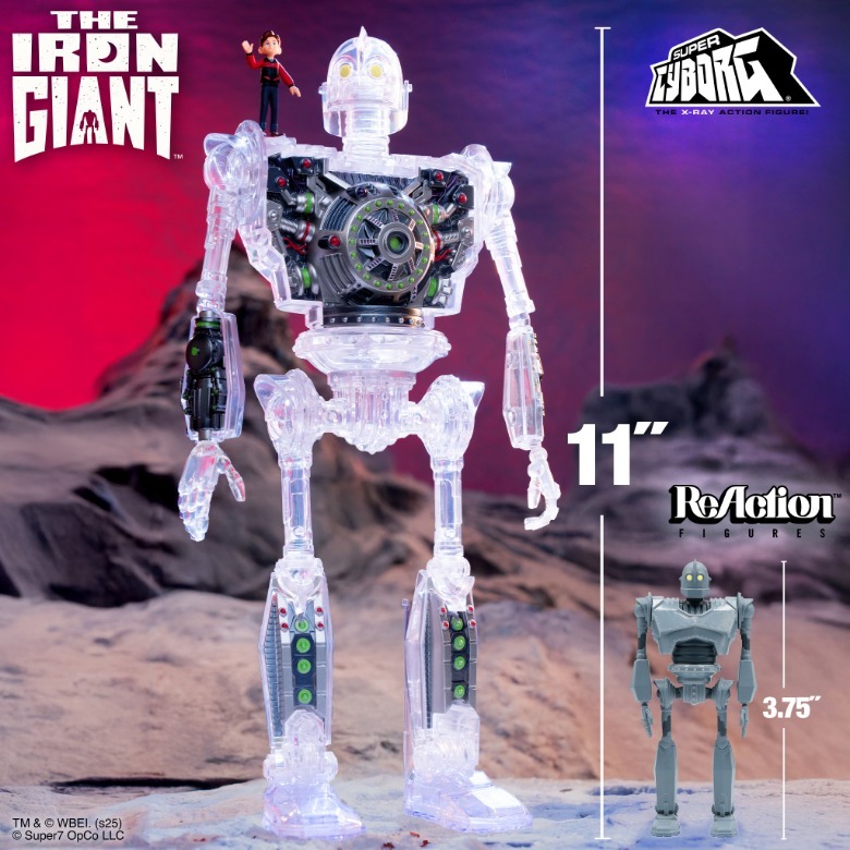 Figura de ação de raios X Super Cyborg gigante de ferro escalado ao lado de uma figura de reação