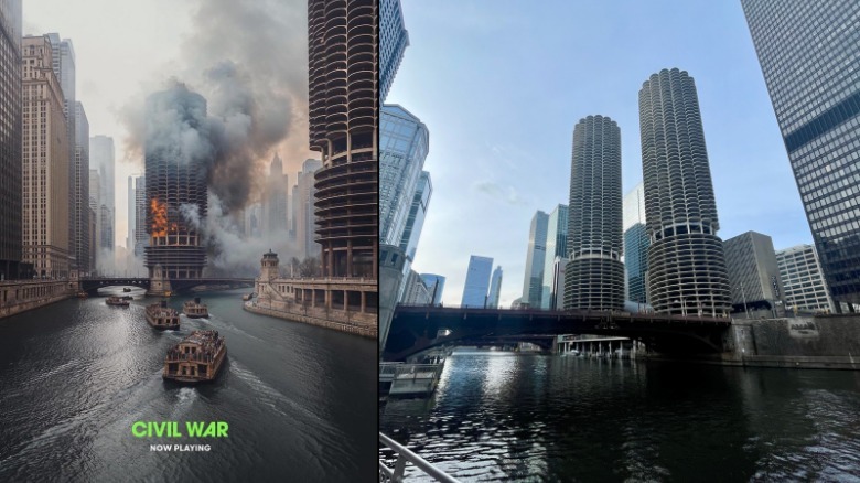 Pôster da Guerra Civil A24 comparado com foto real de Marina City