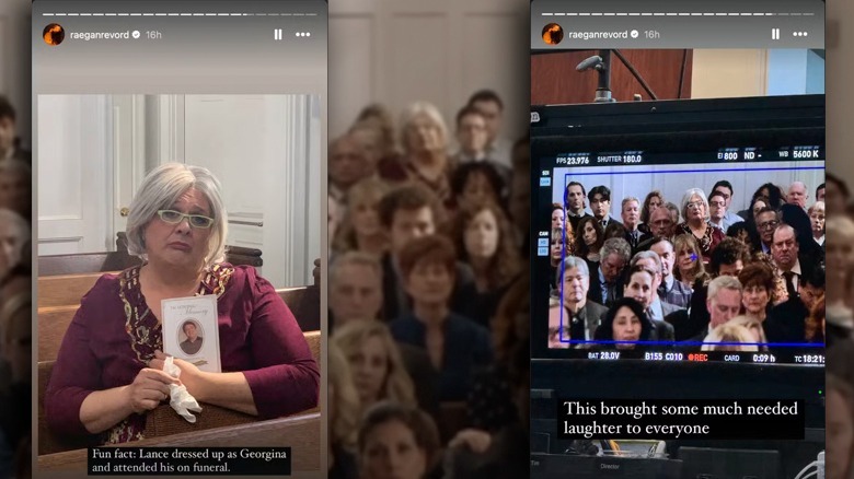 A composite image of screenshots from Revord's Instagram stories of Lance Barber dressed as Georgina and a screenshot of his appearance in the funeral episode of Young Sheldon