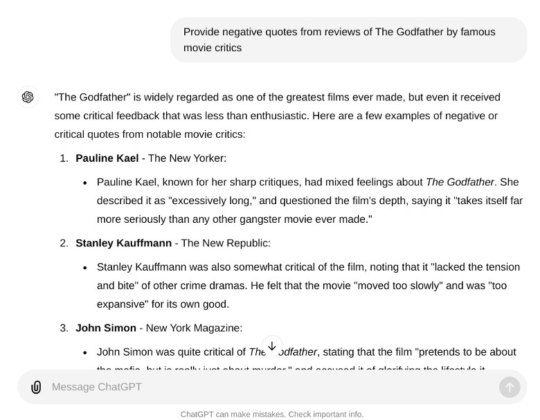 ChatGPT fornece citações falsas de críticas de filmes