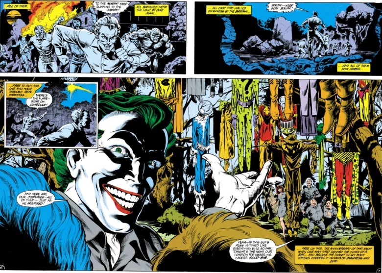 Batman #400 Joker leading breakout to super-villain costumes strung up in woods